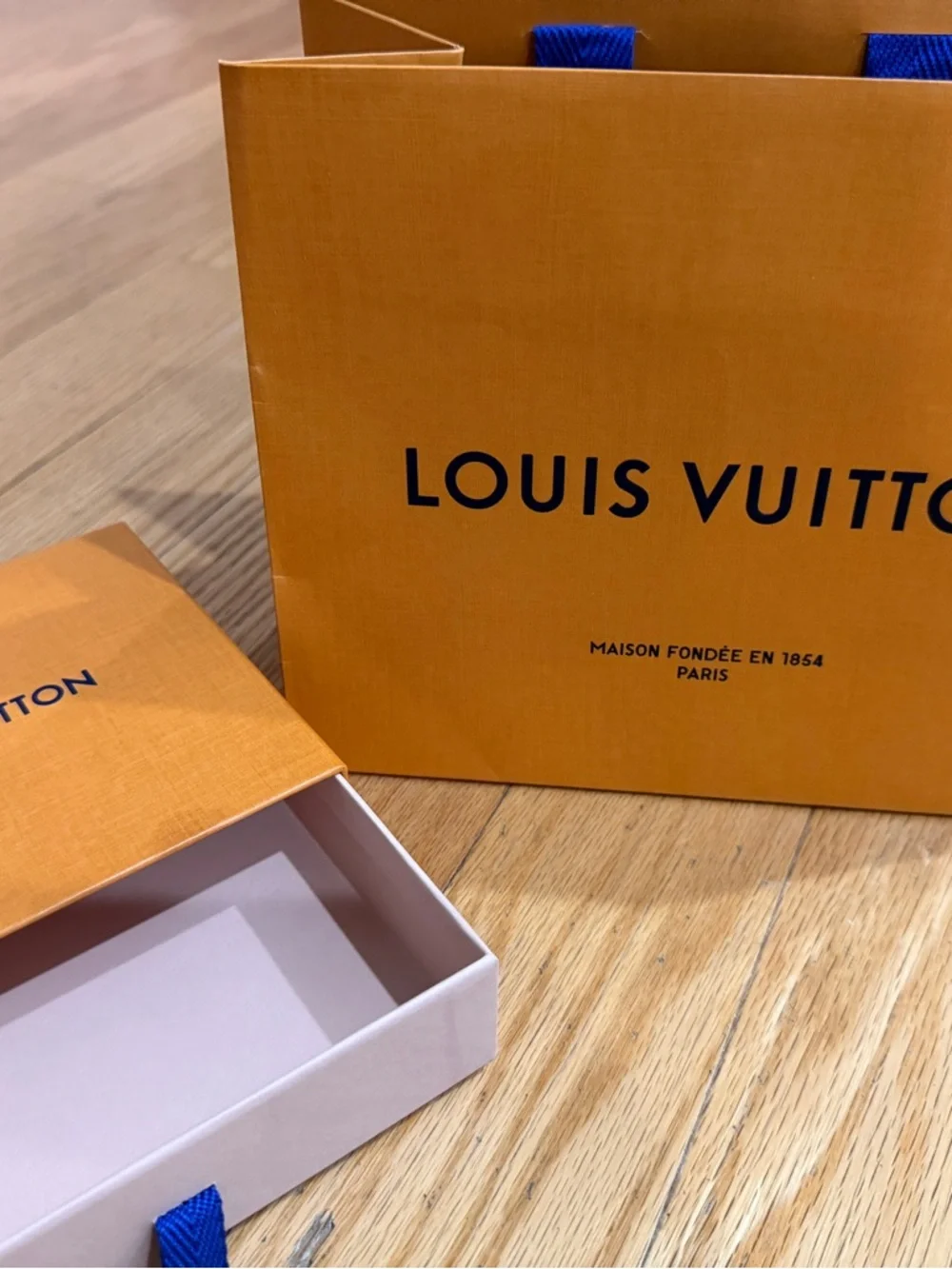 Louis Vuitton Orange Box for wallet and Blue-Trim Shopping Bag